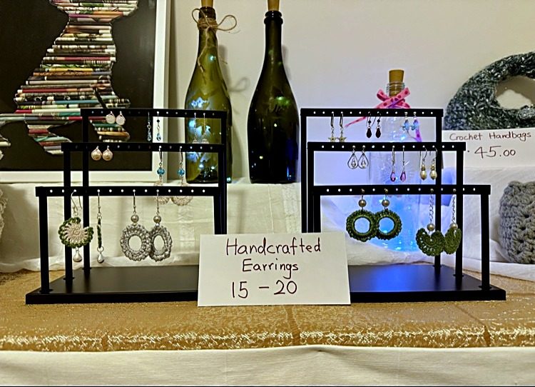 Handmade crochet and beaded earrings on display cards